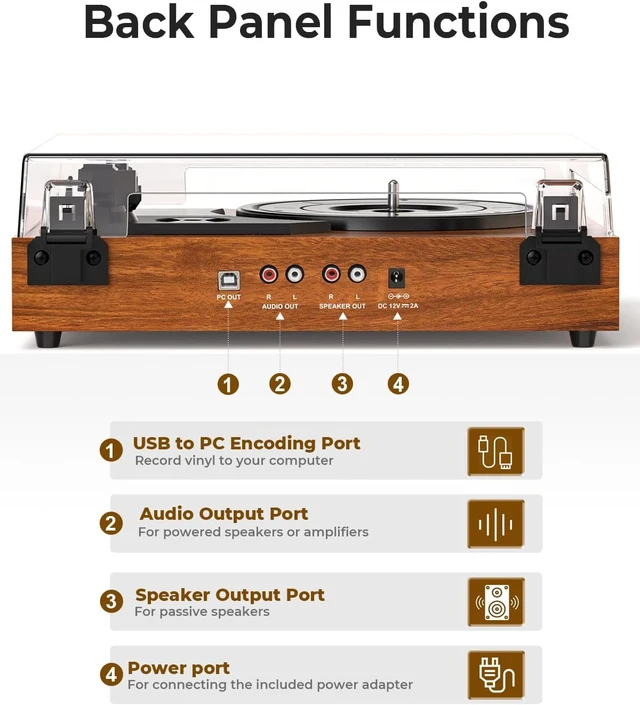 Alt view image 4 of 7 - Vinyl Record Player with 2 External Speakers, PC Recording, Oak