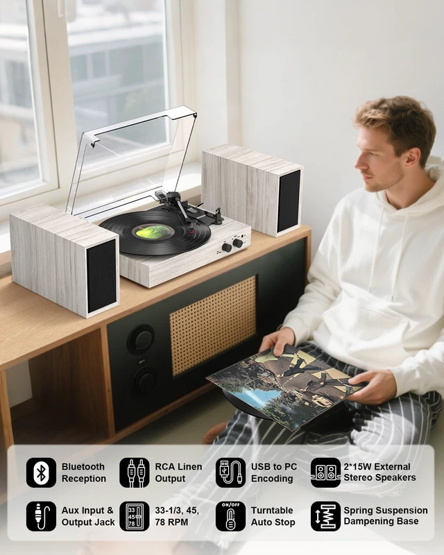 Alt view image 5 of 7 - Vinyl Record Player with 2 External Speakers, PC Recording, Oak