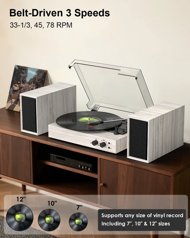 Alt view image 7 of 7 - Vinyl Record Player with 2 External Speakers, PC Recording, Oak