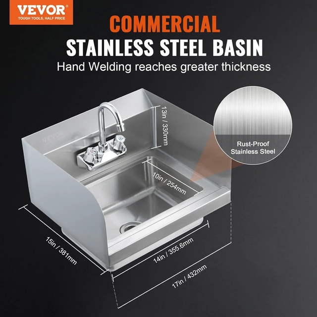 Alt view image 2 of 7 - Commercial Hand Sink 17x12.8 inch Stainless Steel Sink with Faucet & Side Splash, Wall-Mount Small Hand Basin for Restaurant, Kitchen, Bar, Garage, Home