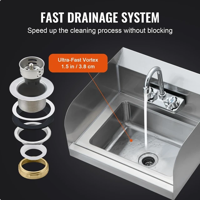 Alt view image 4 of 7 - Commercial Hand Sink 17x12.8 inch Stainless Steel Sink with Faucet & Side Splash, Wall-Mount Small Hand Basin for Restaurant, Kitchen, Bar, Garage, Home