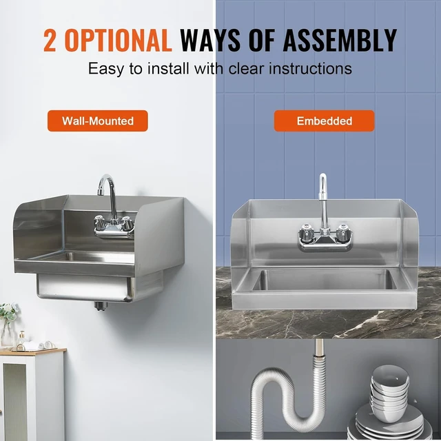 Alt view image 5 of 7 - Commercial Hand Sink 17x12.8 inch Stainless Steel Sink with Faucet & Side Splash, Wall-Mount Small Hand Basin for Restaurant, Kitchen, Bar, Garage, Home