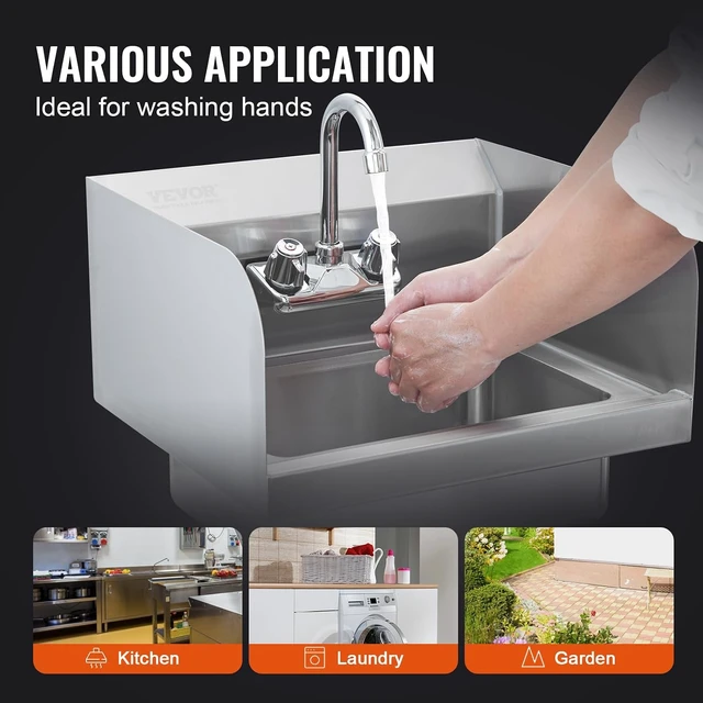 Alt view image 6 of 7 - Commercial Hand Sink 17x12.8 inch Stainless Steel Sink with Faucet & Side Splash, Wall-Mount Small Hand Basin for Restaurant, Kitchen, Bar, Garage, Home