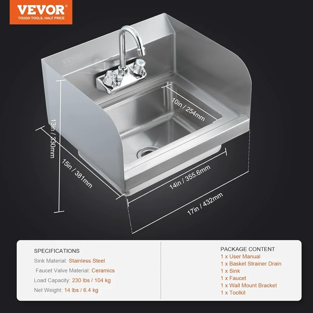 Alt view image 7 of 7 - Commercial Hand Sink 17x12.8 inch Stainless Steel Sink with Faucet & Side Splash, Wall-Mount Small Hand Basin for Restaurant, Kitchen, Bar, Garage, Home