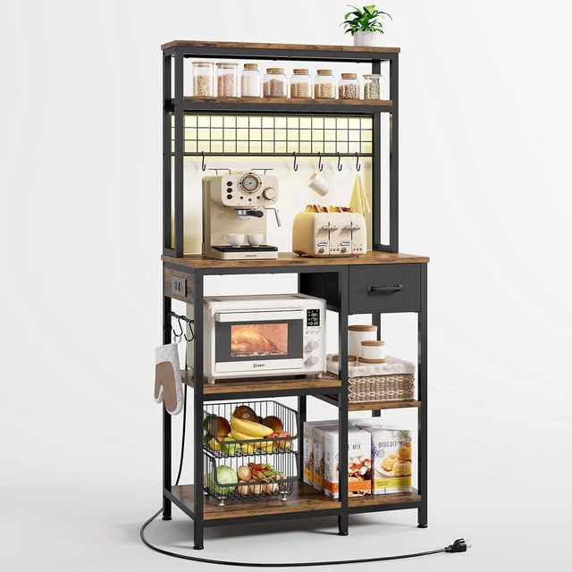 Main image of 30" Kitchen Small Bakers Rack with Power Outlet & LED Light, 6-Tier Microwave Stand with Storage Drawer, Coffee Bar Shelf with 8 S-Shaped Hooks, Metal Kitchen Storage Shelf, Rustic Brown