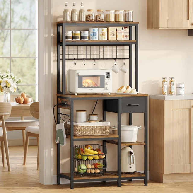 Alt view image 2 of 7 - 30" Kitchen Small Bakers Rack with Power Outlet & LED Light, 6-Tier Microwave Stand with Storage Drawer, Coffee Bar Shelf with 8 S-Shaped Hooks, Metal Kitchen Storage Shelf, Rustic Brown