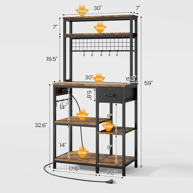 Alt view image 3 of 7 - 30" Kitchen Small Bakers Rack with Power Outlet & LED Light, 6-Tier Microwave Stand with Storage Drawer, Coffee Bar Shelf with 8 S-Shaped Hooks, Metal Kitchen Storage Shelf, Rustic Brown