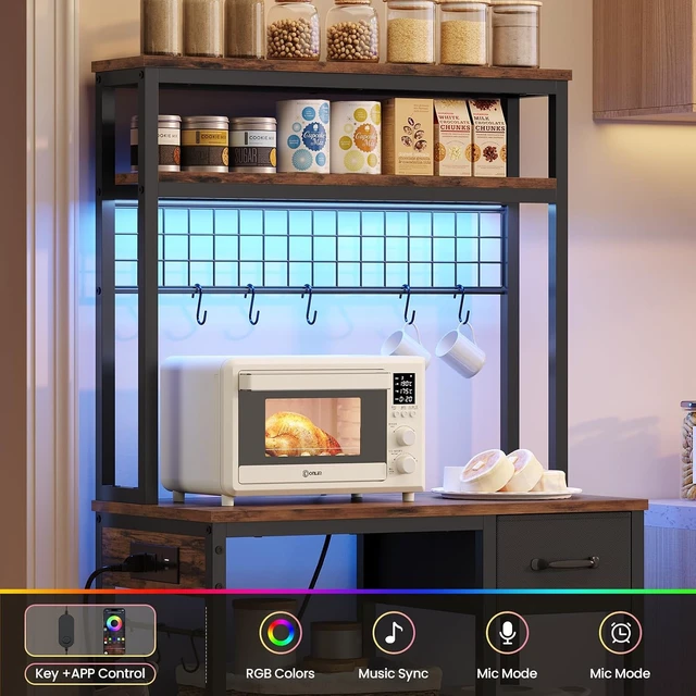Alt view image 5 of 7 - 30" Kitchen Small Bakers Rack with Power Outlet & LED Light, 6-Tier Microwave Stand with Storage Drawer, Coffee Bar Shelf with 8 S-Shaped Hooks, Metal Kitchen Storage Shelf, Rustic Brown