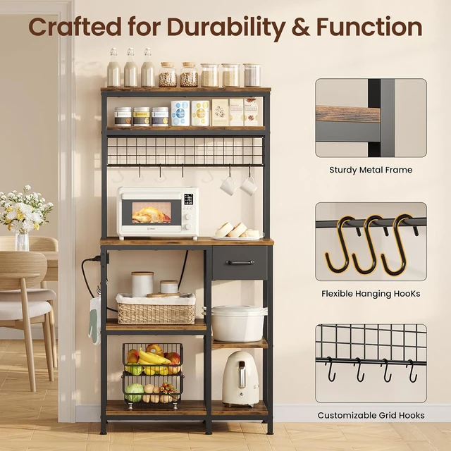 Alt view image 6 of 7 - 30" Kitchen Small Bakers Rack with Power Outlet & LED Light, 6-Tier Microwave Stand with Storage Drawer, Coffee Bar Shelf with 8 S-Shaped Hooks, Metal Kitchen Storage Shelf, Rustic Brown