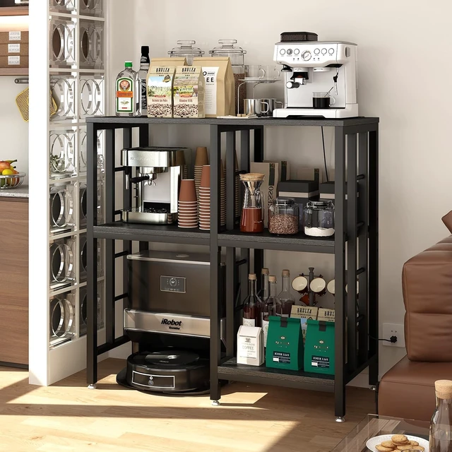 Alt view image 2 of 7 - Adjustable Kitchen Bakers Rack with Power Outlet,4-Tier Microwave Stand Kitchen Cart,Mini Fridge Stand with Storage,Bar Cabinet,Suitable for Office,Coffee Bar,Living Room,Patio, Black