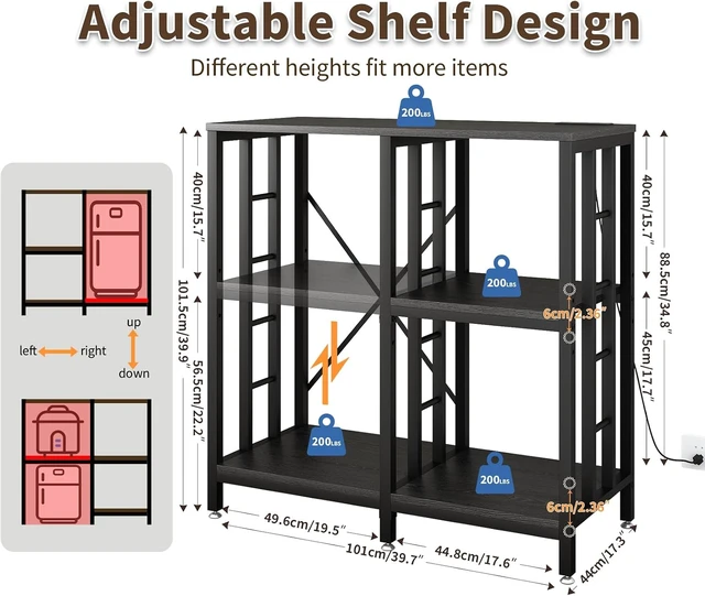 Alt view image 3 of 7 - Adjustable Kitchen Bakers Rack with Power Outlet,4-Tier Microwave Stand Kitchen Cart,Mini Fridge Stand with Storage,Bar Cabinet,Suitable for Office,Coffee Bar,Living Room,Patio, Black