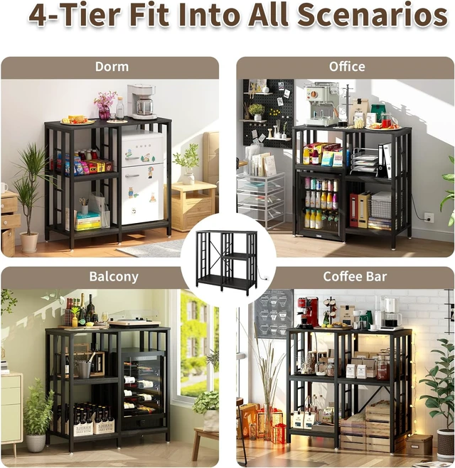 Alt view image 5 of 7 - Adjustable Kitchen Bakers Rack with Power Outlet,4-Tier Microwave Stand Kitchen Cart,Mini Fridge Stand with Storage,Bar Cabinet,Suitable for Office,Coffee Bar,Living Room,Patio, Black