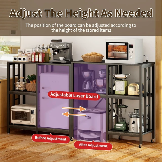 Alt view image 4 of 7 - Adjustable Kitchen Bakers Rack with Power Outlet,4-Tier Microwave Stand Kitchen Cart,Mini Fridge Stand with Storage,Bar Cabinet,Suitable for Office,Coffee Bar,Living Room,Patio, Black