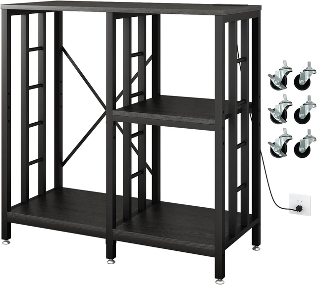 Main image of Adjustable Kitchen Bakers Rack with Power Outlet,4-Tier Microwave Stand Kitchen Cart,Mini Fridge Stand with Storage,Bar Cabinet,Suitable for Office,Coffee Bar,Living Room,Patio, Black