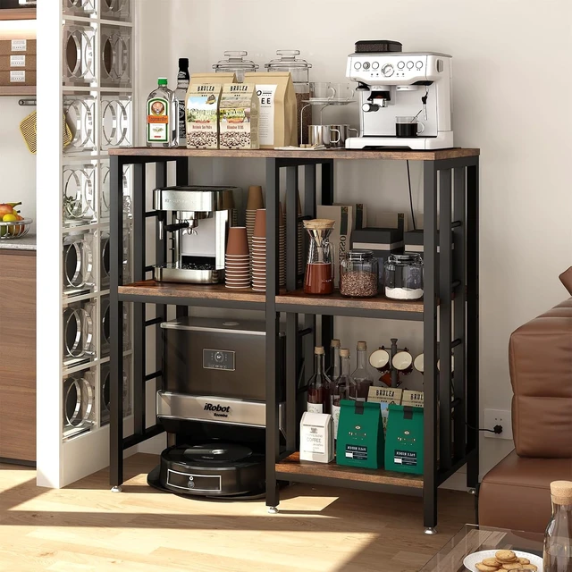 Alt view image 2 of 7 - Adjustable Kitchen Bakers Rack with Power Outlet,4-Tier Microwave Stand Kitchen Cart,Mini Fridge Stand with Storage,Bar Cabinet,Suitable for Office,Coffee Bar,Living Room,Patio,Rustic Brown