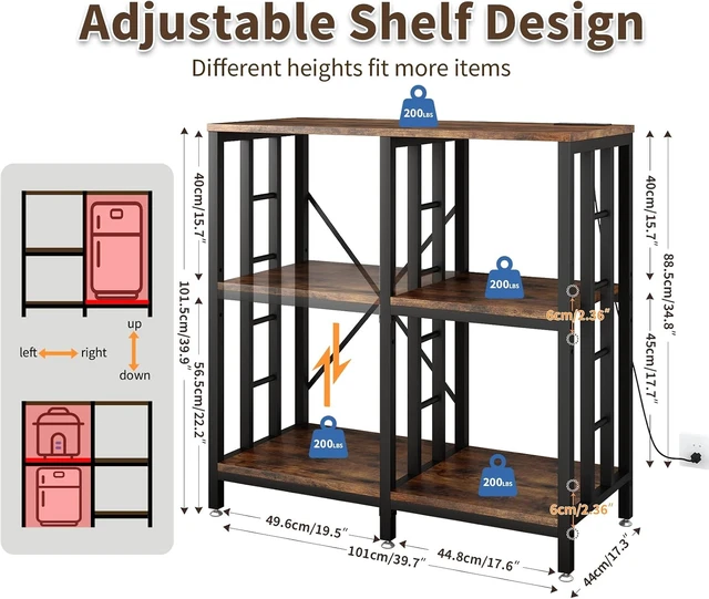 Alt view image 3 of 7 - Adjustable Kitchen Bakers Rack with Power Outlet,4-Tier Microwave Stand Kitchen Cart,Mini Fridge Stand with Storage,Bar Cabinet,Suitable for Office,Coffee Bar,Living Room,Patio,Rustic Brown
