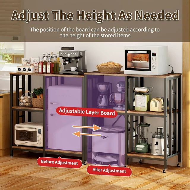 Alt view image 4 of 7 - Adjustable Kitchen Bakers Rack with Power Outlet,4-Tier Microwave Stand Kitchen Cart,Mini Fridge Stand with Storage,Bar Cabinet,Suitable for Office,Coffee Bar,Living Room,Patio,Rustic Brown
