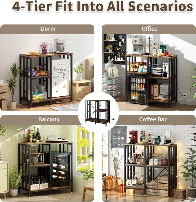 Alt view image 5 of 7 - Adjustable Kitchen Bakers Rack with Power Outlet,4-Tier Microwave Stand Kitchen Cart,Mini Fridge Stand with Storage,Bar Cabinet,Suitable for Office,Coffee Bar,Living Room,Patio,Rustic Brown