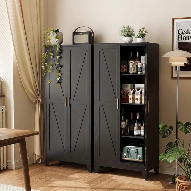 Main image of 61" Metal Pantry Cabinet in Black, Modern Storage Cabinet with Adjustable Shelves, Sturdy Metal Cupboard for Kitchen, Office, Living Room & Bathroom Organization