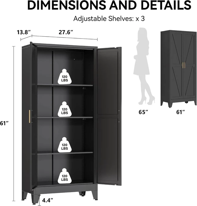 Alt view image 2 of 7 - 61" Metal Pantry Cabinet in Black, Modern Storage Cabinet with Adjustable Shelves, Sturdy Metal Cupboard for Kitchen, Office, Living Room & Bathroom Organization
