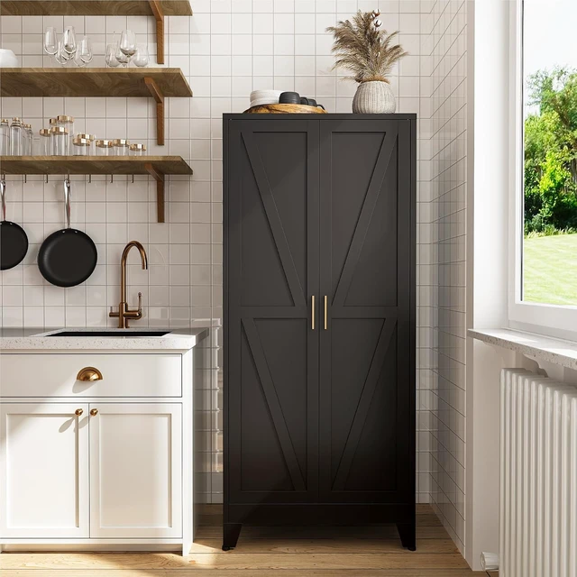 Alt view image 3 of 7 - 61" Metal Pantry Cabinet in Black, Modern Storage Cabinet with Adjustable Shelves, Sturdy Metal Cupboard for Kitchen, Office, Living Room & Bathroom Organization