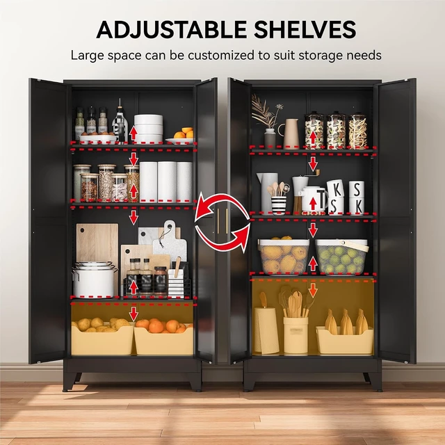Alt view image 5 of 7 - 61" Metal Pantry Cabinet in Black, Modern Storage Cabinet with Adjustable Shelves, Sturdy Metal Cupboard for Kitchen, Office, Living Room & Bathroom Organization
