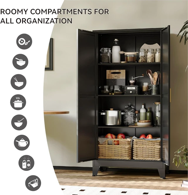Alt view image 6 of 7 - 61" Metal Pantry Cabinet in Black, Modern Storage Cabinet with Adjustable Shelves, Sturdy Metal Cupboard for Kitchen, Office, Living Room & Bathroom Organization