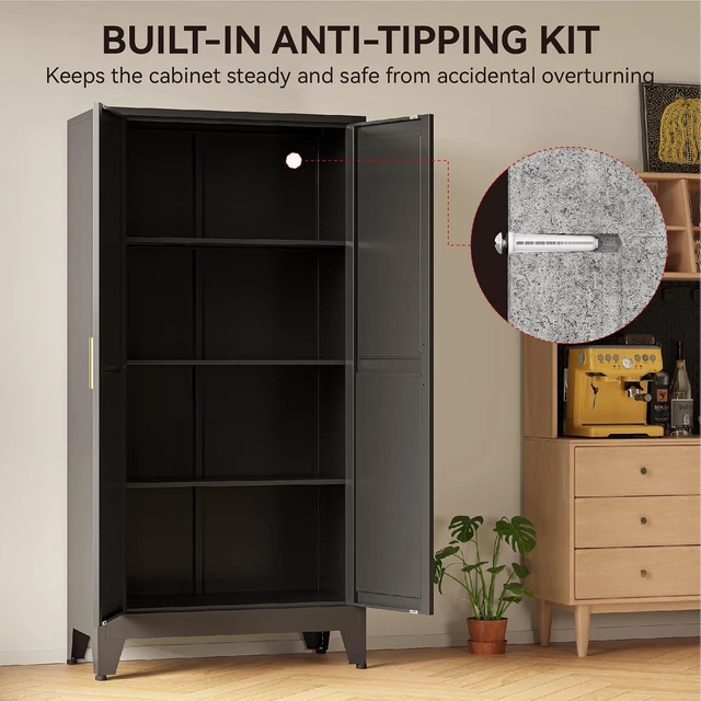Alt view image 7 of 7 - 61" Metal Pantry Cabinet in Black, Modern Storage Cabinet with Adjustable Shelves, Sturdy Metal Cupboard for Kitchen, Office, Living Room & Bathroom Organization