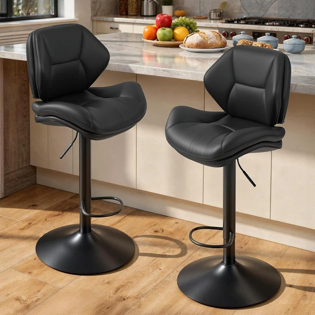 Alt view image 4 of 7 - Swivel Bar Stools Set of 2, Double-Layer Filled Upholstered Bar Stools with Back, Adjustable Height Barstools, Faux Leather for Kitchen Island (Black)