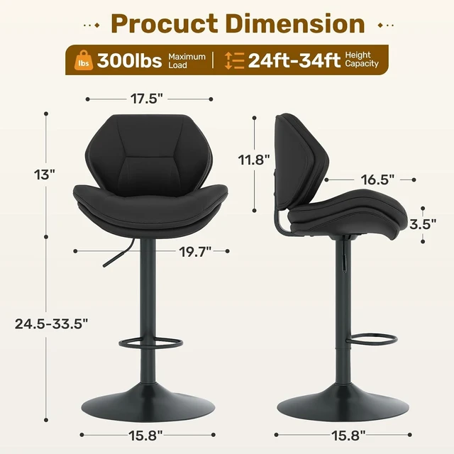 Alt view image 2 of 7 - Swivel Bar Stools Set of 2, Double-Layer Filled Upholstered Bar Stools with Back, Adjustable Height Barstools, Faux Leather for Kitchen Island (Black)