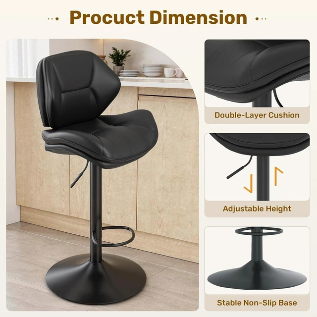Alt view image 5 of 7 - Swivel Bar Stools Set of 2, Double-Layer Filled Upholstered Bar Stools with Back, Adjustable Height Barstools, Faux Leather for Kitchen Island (Black)