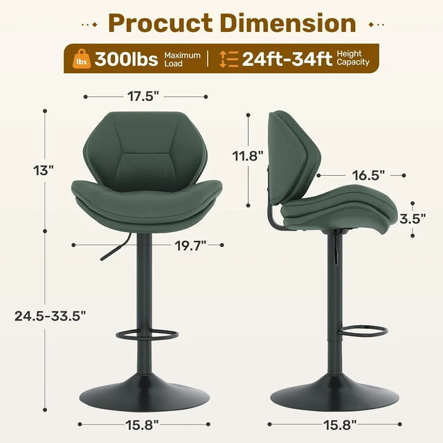 Alt view image 2 of 7 - Swivel Bar Stools Set of 2, Double-Layer Filled Upholstered Bar Stools with Back, Adjustable Height Barstools, Faux Leather for Kitchen Island (Green)