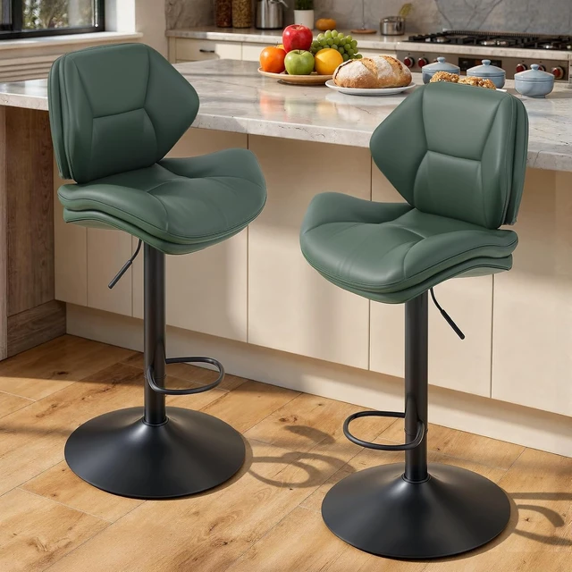 Alt view image 4 of 7 - Swivel Bar Stools Set of 2, Double-Layer Filled Upholstered Bar Stools with Back, Adjustable Height Barstools, Faux Leather for Kitchen Island (Green)