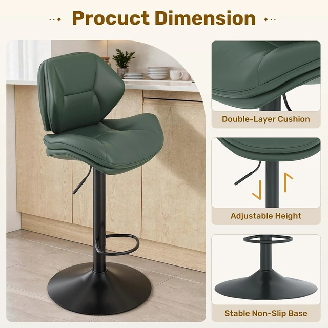 Alt view image 5 of 7 - Swivel Bar Stools Set of 2, Double-Layer Filled Upholstered Bar Stools with Back, Adjustable Height Barstools, Faux Leather for Kitchen Island (Green)