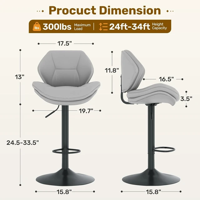 Alt view image 2 of 7 - Swivel Bar Stools Set of 2, Double-Layer Filled Upholstered Bar Stools with Back, Adjustable Height Barstools, Faux Leather for Kitchen Island (Light Grey)