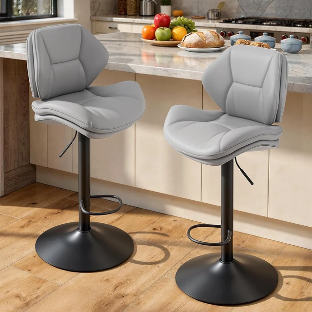 Alt view image 4 of 7 - Swivel Bar Stools Set of 2, Double-Layer Filled Upholstered Bar Stools with Back, Adjustable Height Barstools, Faux Leather for Kitchen Island (Light Grey)