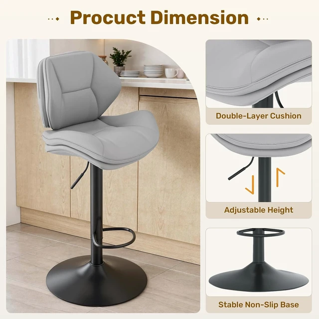 Alt view image 5 of 7 - Swivel Bar Stools Set of 2, Double-Layer Filled Upholstered Bar Stools with Back, Adjustable Height Barstools, Faux Leather for Kitchen Island (Light Grey)