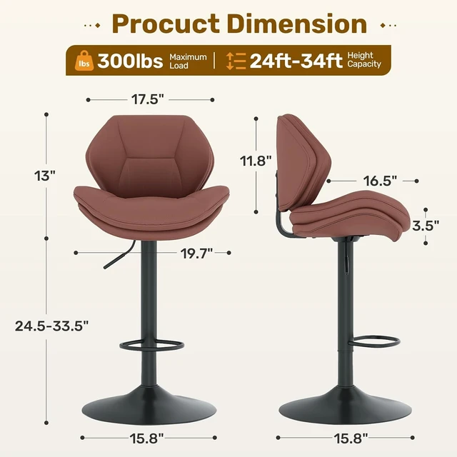 Alt view image 2 of 7 - Swivel Bar Stools Set of 2, Double-Layer Filled Upholstered Bar Stools with Back, Adjustable Height Barstools, Faux Leather for Kitchen Island (Rust)