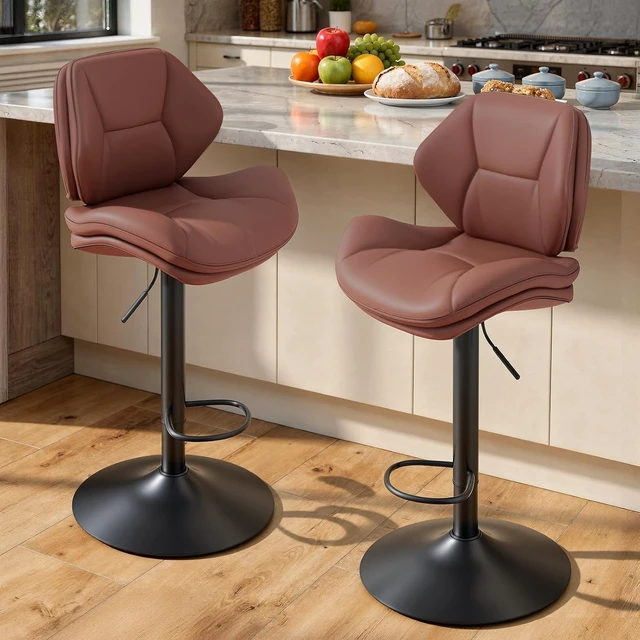 Alt view image 4 of 7 - Swivel Bar Stools Set of 2, Double-Layer Filled Upholstered Bar Stools with Back, Adjustable Height Barstools, Faux Leather for Kitchen Island (Rust)