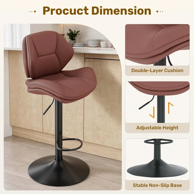 Alt view image 5 of 7 - Swivel Bar Stools Set of 2, Double-Layer Filled Upholstered Bar Stools with Back, Adjustable Height Barstools, Faux Leather for Kitchen Island (Rust)