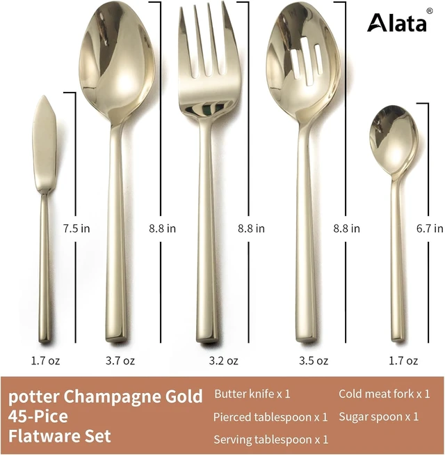 Alt view image 5 of 7 - Potter Champagne Gold 45-Piece Forged Silverware Set with Utensil-Serving Set, Service for 8, Stainless Steel Flatware Set, Modern Design with Mirror Finish, Ideal for Home, Kitchen, Party