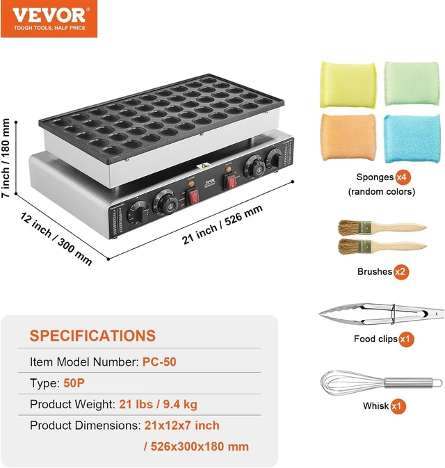 Alt view image 7 of 7 - 110V Mini Dutch Pancake Baker, 50PCS 1700W Commercial Electric Nonstick Waffle Maker Machine, 1.8 Inches Pancake Maker with 2 Thermostats & 2 Timers Separate Control, for Home and Restaurants