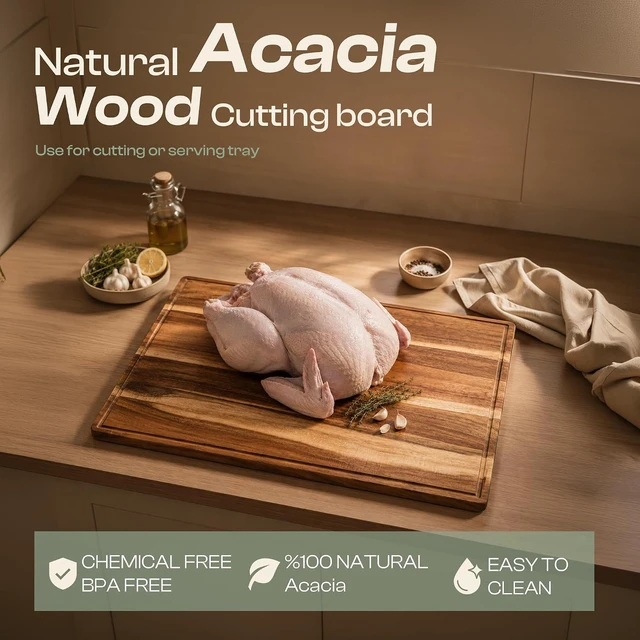 Alt view image 2 of 7 - Acacia Wood Cutting Board Gourmet Acacia Grandeur: 20 x 30 Wooden Cutting Board Natural Wooden Cutting Boards For Kitchen Decorative Innovative Juice Grooves Wooden Chopping Board
