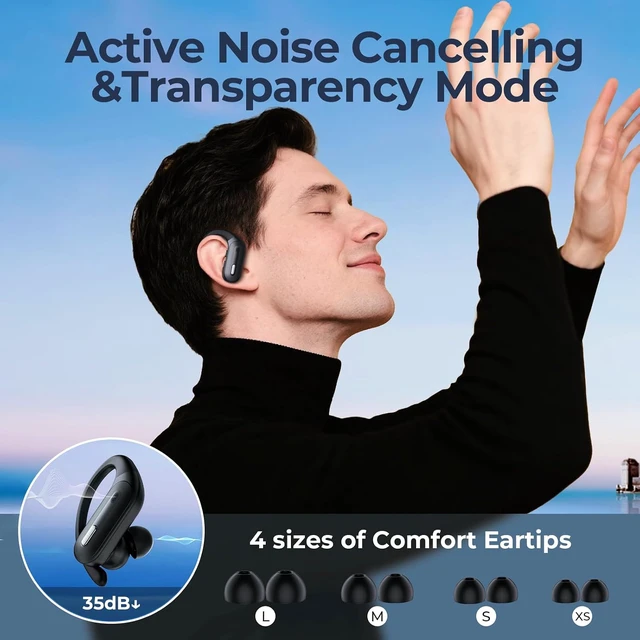 Alt view image 2 of 7 - Active Noise Cancelling Wireless Earbuds Bluetooth Headphones 90 Hrs Playtime Ear Buds with Hi-Res Stereo Deep Bass Power Display Earphones with Earhooks Waterproof Transparency Headset Sports/Running