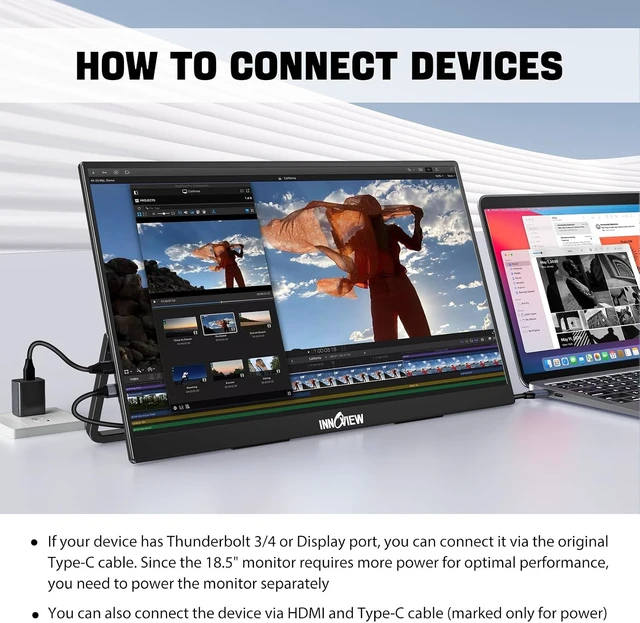Alt view image 2 of 7 - Portable Monitor 18.5 inch 100HZ 120% sRGB, 1080P FHD IPS Large Portable Monitors for Laptop USB C HDMI HDR Travel Monitor with Kickstand Mac PC Xbox PS4/5 Switch