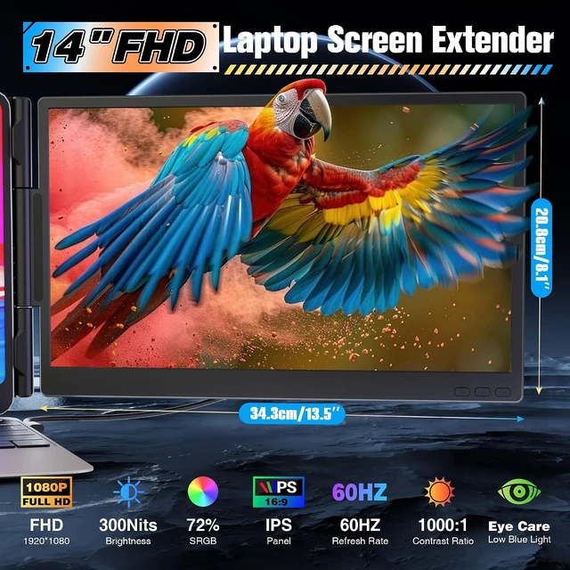 Alt view image 3 of 7 - Laptop Screen Extender 14", Ultra Thin 0.27" FHD 1080P Portable Monitor for Laptop 13-17.3", Plug n Play Extra Monitor Extender, Eye Care Second Screen for MacBook/Windows/Android/Switch/PS5