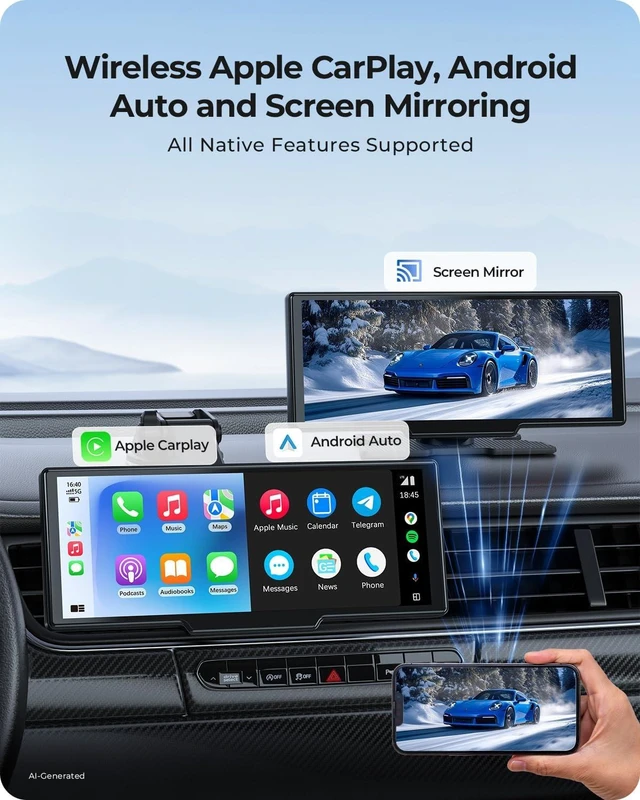 Alt view image 2 of 7 - 9.26" Wireless Carplay Screen for Car with 4K Dash Cam & HD Backup Camera