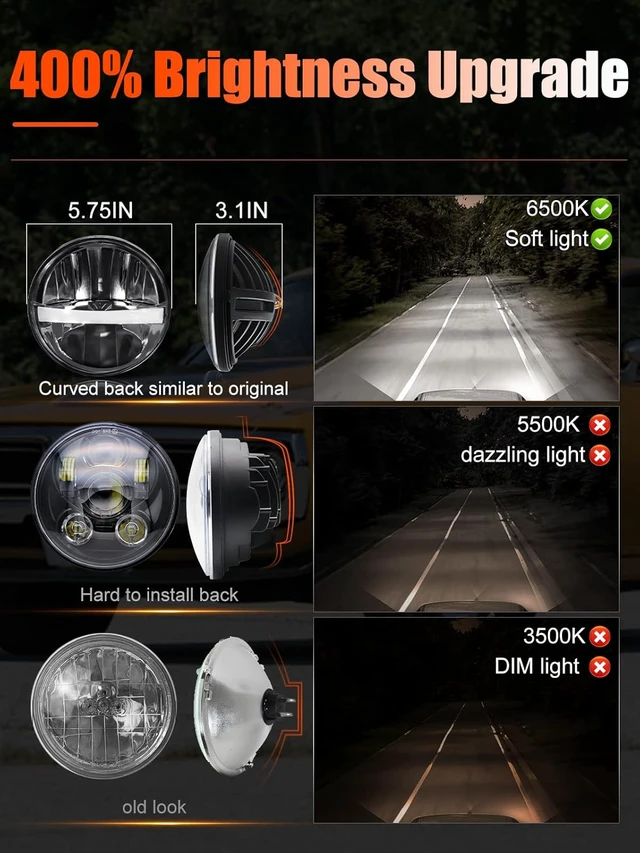Alt view image 2 of 7 - 5 3/4'' 5.75 Inch LED Headlight Round 4pcs Reflector Hi/Lo Beam With DRL Sealed Beam H5001 H5006 Compatible With Peterbilt 349 359, Chevy Impala 59-76, Dodge
