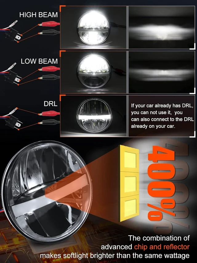 Alt view image 4 of 7 - 5 3/4'' 5.75 Inch LED Headlight Round 4pcs Reflector Hi/Lo Beam With DRL Sealed Beam H5001 H5006 Compatible With Peterbilt 349 359, Chevy Impala 59-76, Dodge