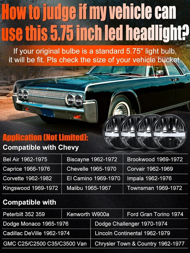 Alt view image 6 of 7 - 5 3/4'' 5.75 Inch LED Headlight Round 4pcs Reflector Hi/Lo Beam With DRL Sealed Beam H5001 H5006 Compatible With Peterbilt 349 359, Chevy Impala 59-76, Dodge